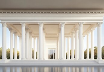 Obraz premium White marble temple with numerous columns, reflecting on a polished floor, set against a backdrop of lush green trees under a bright sky. The