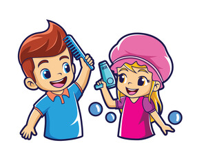 Illustration of cheerful boy and girl salon characters