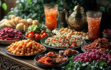 Vibrant spread of colorful dishes fruits and drinks with an ornate teapot

