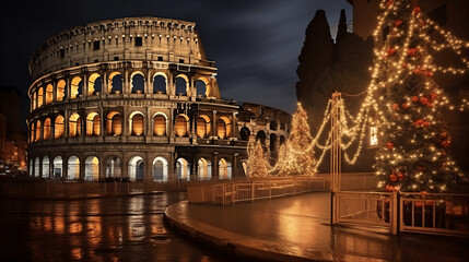Street in a Christmas night, Street decorated for Christmas. rome, italy