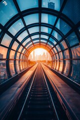 Futuristic light tunnel with train tracks leading into the distance, sunlight streaming through the glass roof, city skyline in the background