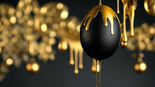Elegant easter egg with golden paint drips on black background for holiday . Easter, Pascha, Paskha, Ostern, Pascua, Paques - Orthodox and Catholic Holiday celebration