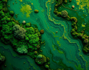 Jungle Moss Marble with emerald veins and creeping lichen, designed to evoke rainforest humidity fog, with macro moss spore details for a naturalistic texture.