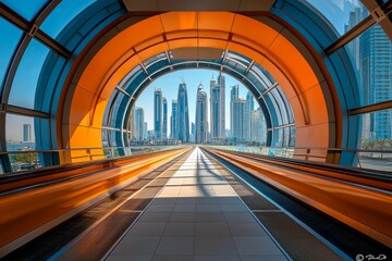 Futuristic light tunnel with train tracks leading into the distance, sunlight streaming through the glass roof, city skyline in the background