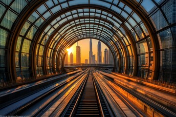 Obraz premium Futuristic light tunnel with train tracks leading into the distance, sunlight streaming through the glass roof, city skyline in the background