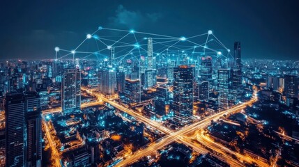 Night cityscape, network connections, urban development, technology, website banner
