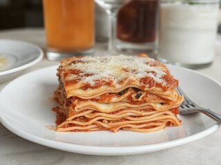 Tempting Lasagna with Layers of Pasta, Bolognese Sauce, Béchamel, and Melted Mozzarella Cheese