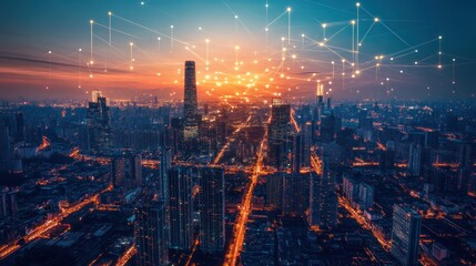 Fototapeta premium Smart city sunrise, network connections, urban landscape, technology