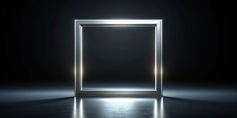 A silver metallic frame with a glowing rectangular shape, sitting on a dark background, highlighting its reflective surface and emitting a soft light, mysterious glow, dark background