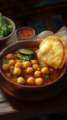 A bowl of chickpea curry served with crispy bread and garnished with herbs and pickles.
