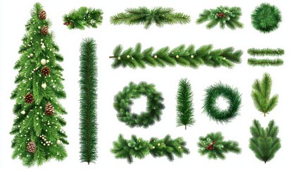 Collection of lush green Christmas foliage elements on white background including wreaths, garlands, tree, and sprigs. Ideal for holiday design