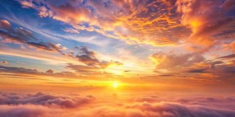 Obraz premium Soft, warm light breaks through the gentle haze of a serene sunrise sky with delicate, wispy clouds and shades of pastel pink, orange, and yellow hues, peaceful morning, natural beauty