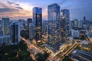 Modern skyscrapers in the city, towering buildings with glass facades reflecting light at dusk, symbolizing corporate power and innovation