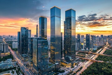 Fototapeta premium Modern skyscrapers in the city, towering buildings with glass facades reflecting light at dusk, symbolizing corporate power and innovation