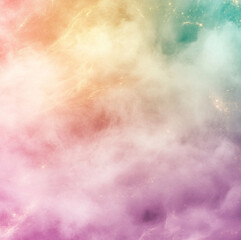 Obraz premium A dreamy fog background, featuring pastel gradients in pink, lilac, mint green, and light gold. The texture is fluffy and fog-like, with subtle metallic sheens and glowing