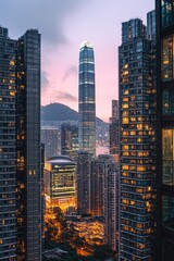 Obraz premium Modern skyscrapers in the city, towering buildings with glass facades reflecting light at dusk, symbolizing corporate power and innovation