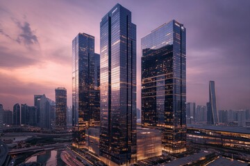 Fototapeta premium Modern skyscrapers in the city, towering buildings with glass facades reflecting light at dusk, symbolizing corporate power and innovation