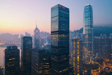 Obraz premium Modern skyscrapers in the city, towering buildings with glass facades reflecting light at dusk, symbolizing corporate power and innovation