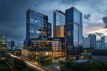 Fototapeta premium Modern skyscrapers in the city, towering buildings with glass facades reflecting light at dusk, symbolizing corporate power and innovation