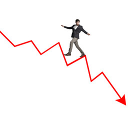 Man, arrow and graph decrease in studio, stock market broker and financial loss on white background. Business, current economy trend and journey with ecommerce, direction and interest rate on money