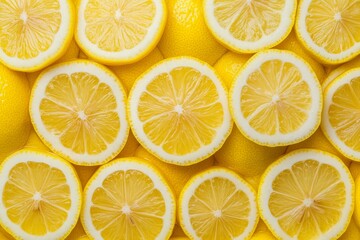 Close-up of vibrant yellow lemon slices arranged in a pattern.