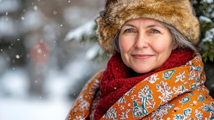 Portrait of a mature woman in a winter setting, wearing a fur hat, red scarf, and an orange patterned shawl. Soft, natural light. Snowflakes gently