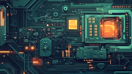 Fototapeta premium AI-controlled robotic soldering of high-precision electronics components, top-down perspective.