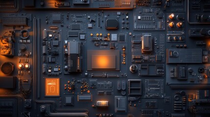 AI-powered D printing of high-tech electronics prototypes in a smart factory, top view.