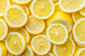 Close-up of vibrant yellow lemon slices, arranged in a dense and colorful pattern.
