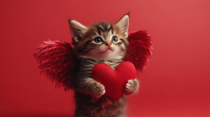 Smiling cute kitten dressed as cupid with fluffy angel wings on soft background holding heart, love and relationship concept for Valentine's Day February 14 and pet adoption themes