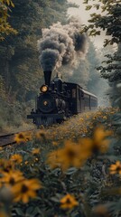 Black Steam Train in a Forest with Yellow Flowers.