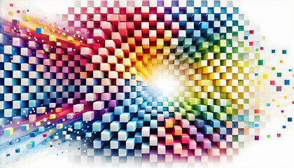 A whimsical checkerboard pattern in multicolored squares fading outward, with a clean center.