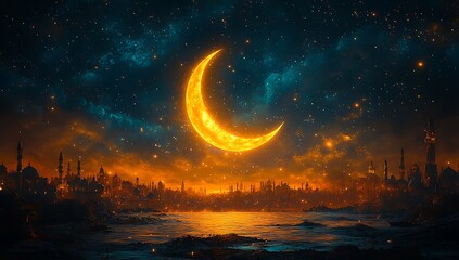 Naklejka premium Large crescent moon illuminates starry night sky over silhouetted cityscape