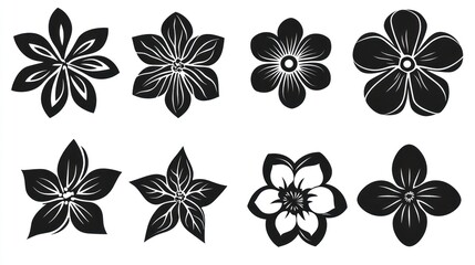 Eight stylized black flower icons; white background; design element