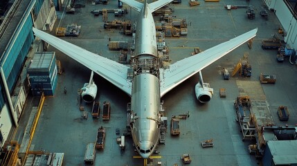 A commercial airplane manufacturing plant assembling fuselage sections, top-down.