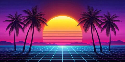 Naklejka premium Retro Sunset Paradise Vibrant 80s Style Grid Landscape with Silhouetted Palm Trees