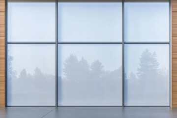 Modern architectural design with large glass panels and wooden elements in a serene environment