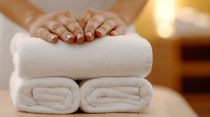 closeup of a spa therapist arranging towels on a massage table.