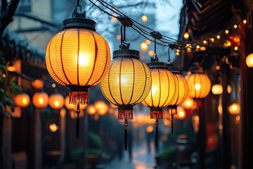 Illuminated lanterns hanging in a dimly lit alleyway.
