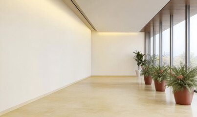 Modern interior with large windows and indoor plants in a bright open space