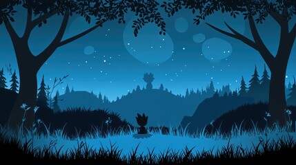 Night forest silhouette, creature gazing at stars, peaceful scene, ideal for fantasy game backgrounds