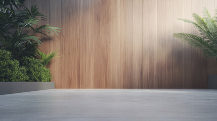 Modern indoor space with wooden wall and greenery for relaxation or meditation