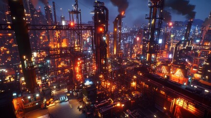 Fototapeta premium A futuristic AI-driven industrial simulation analyzing workflow optimization, aerial perspective.