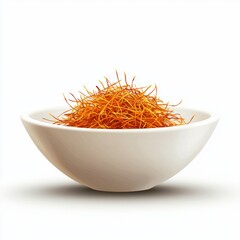Fototapeta premium Vibrant Orange Saffron Strands in a White Bowl on a Light Background for Culinary and Herbal Illustrations
