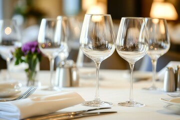 Elegant table setting with wine glasses, cutlery, and flowers.