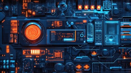 A futuristic auto industry plant with self-learning AI systems improving production, top view.