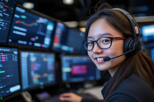 A smiling woman wearing a headset and glasses sits in front of multiple computer screens displaying financial and coding data.  
