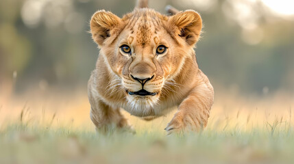 Obraz premium Lion cub running, savannah grassland, sunset, wildlife photography, nature