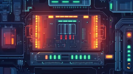 A futuristic PCB assembly line with AI-driven quality control checks, top view.