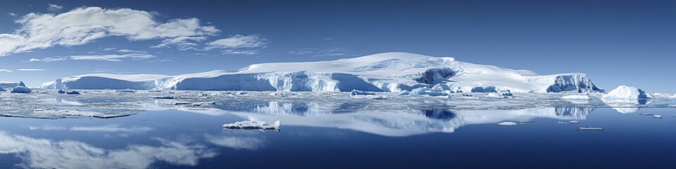 Obraz premium Panoramic view of a glacial landscape reflecting in calm water under a partly cloudy sky. Icebergs and snow covered land dominate the scene